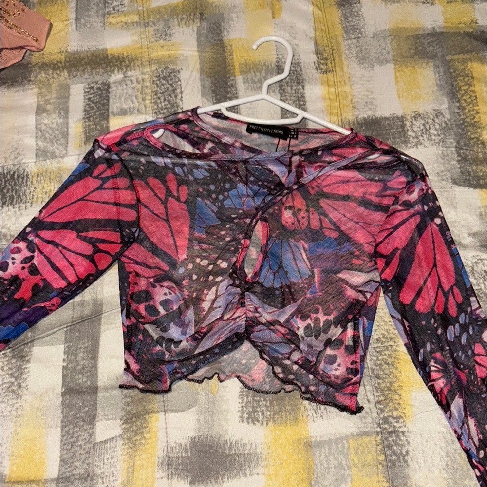PrettyLittleThing Pink and Purple Butterfly Crop Top